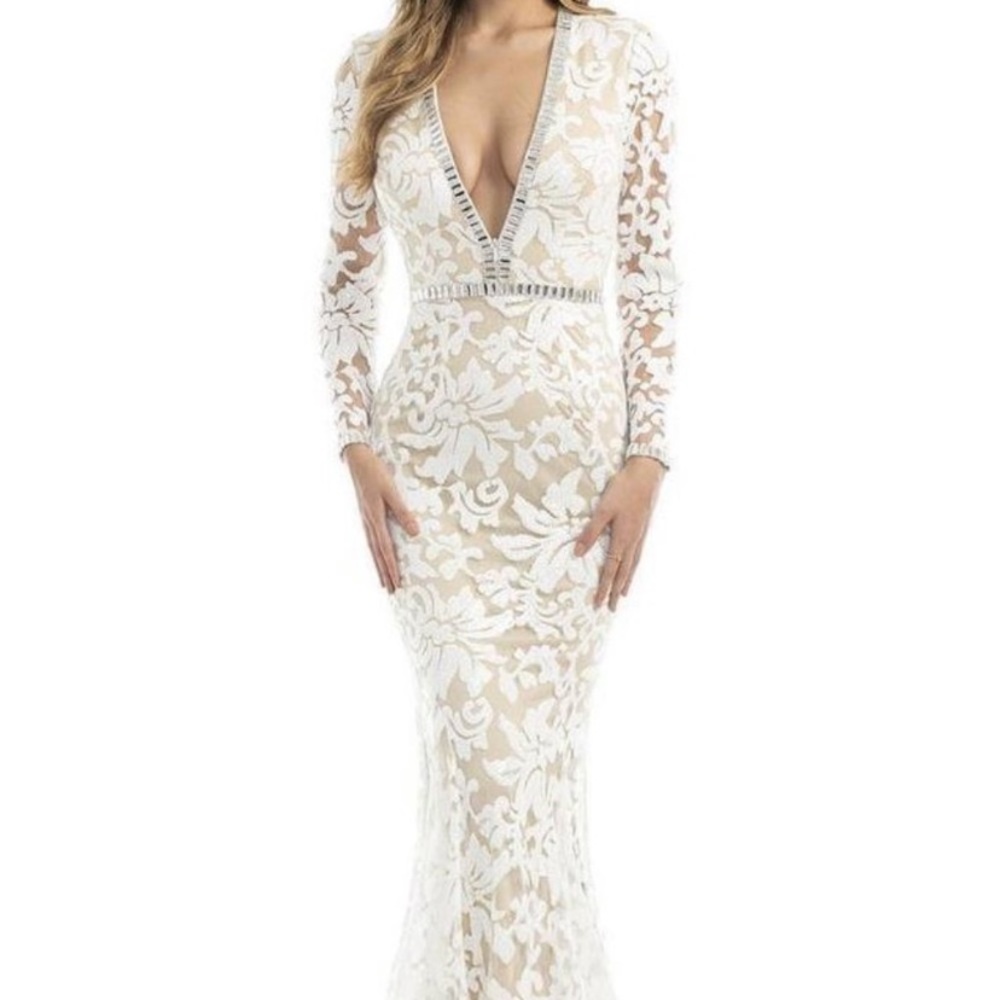 Johnathan Kayne zippered rhinestone neckline white sequin dress